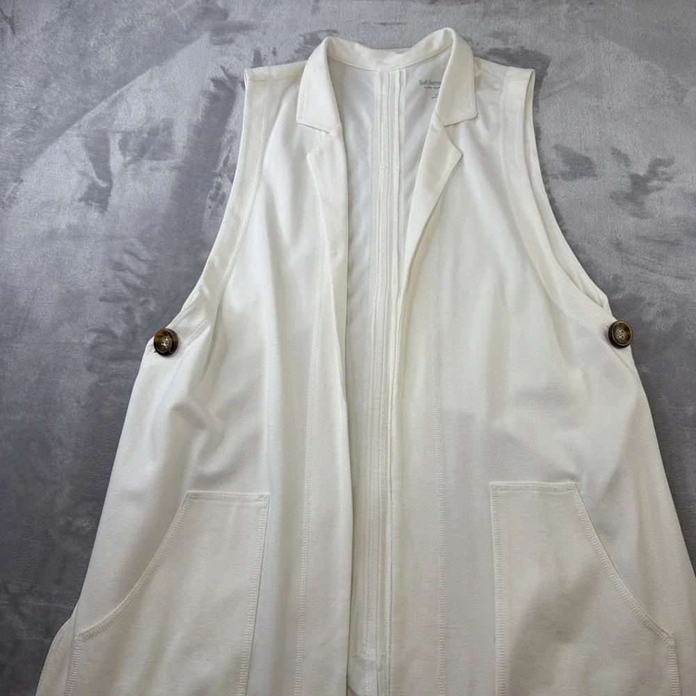 Soft Surroundings Women's L Ivory Long Vest Duster Open Front Zip Back Stretch